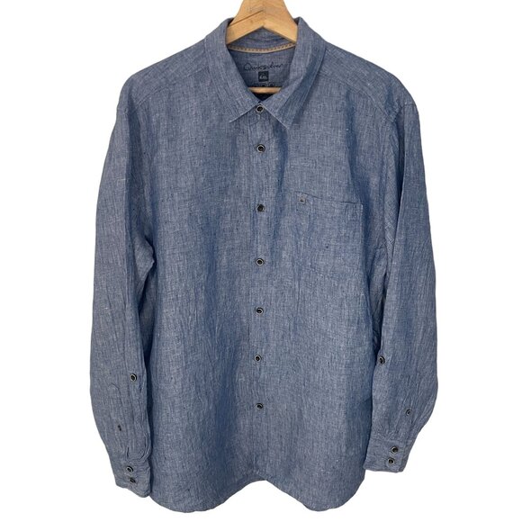 Quiksilver 100% Linen Chambray Shirt Men L Blue Lightweight Long Sleeve Logo - Picture 1 of 10
